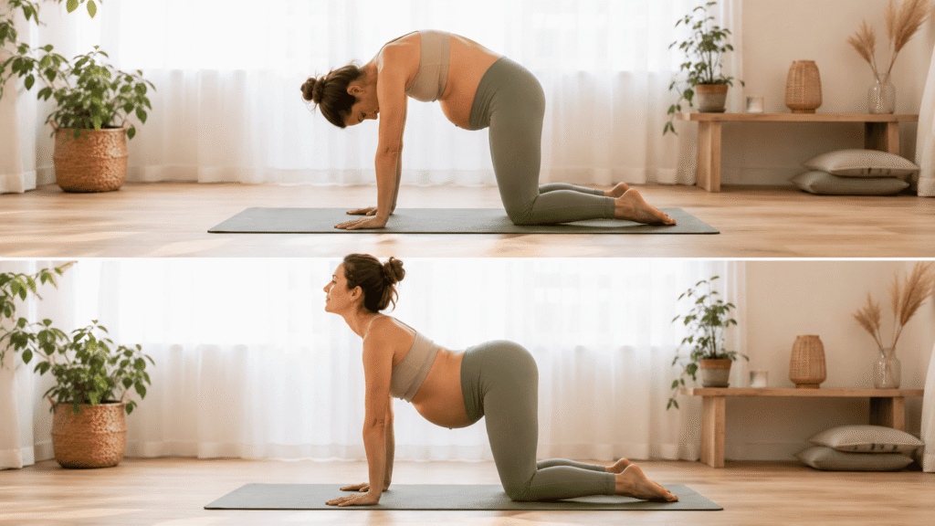 Femme enceinte pratiquant la posture du chat-vache en yoga prénatal, un mouvement doux à quatre pattes permettant de mobiliser le dos et le bassin pendant la grossesse.