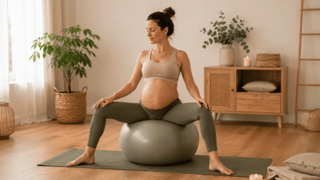 Femme enceinte assise sur un ballon de grossesse réalisant un exercice doux d’ouverture du bassin inspiré du yoga prénatal et de la préparation à l’accouchement.