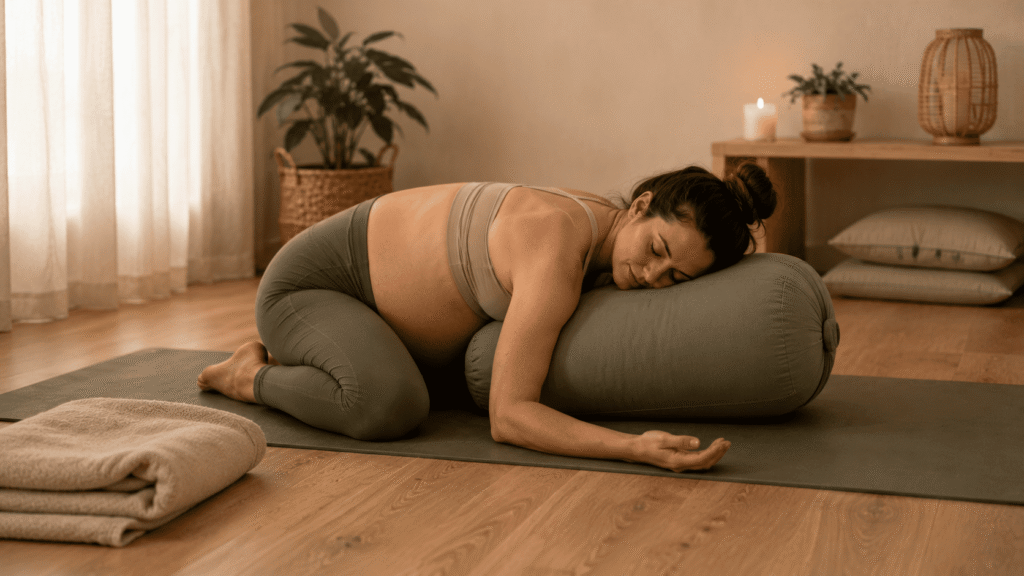Femme enceinte réalisant une posture de l’enfant adaptée au yoga prénatal, avec les genoux écartés et le buste soutenu par un bolster pour favoriser une position confortable.
