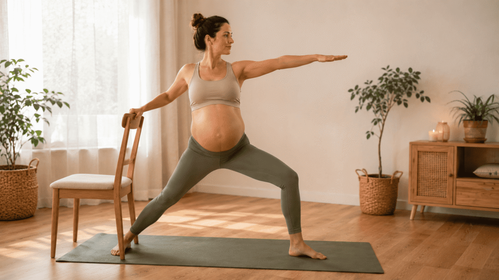 Femme enceinte au deuxième trimestre pratiquant une posture du guerrier II adaptée au yoga prénatal, avec une chaise comme support pour améliorer la stabilité et l’équilibre.