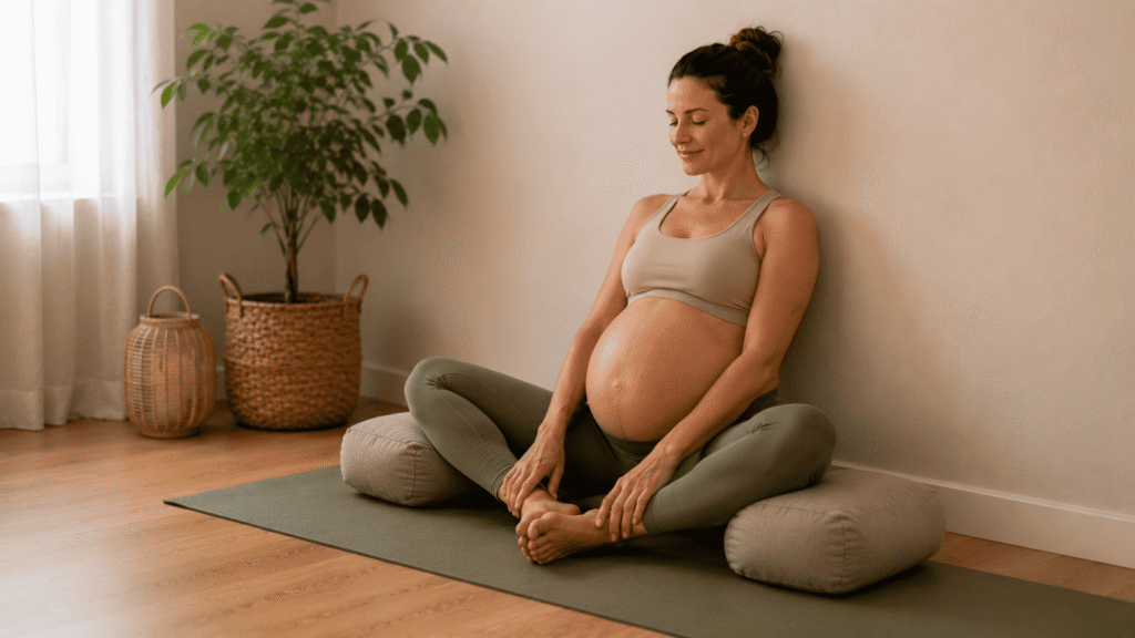 emme enceinte en fin de grossesse pratiquant la posture du papillon avec les genoux soutenus par des coussins, dans une séance douce de yoga prénatal axée sur l’ouverture du bassin.